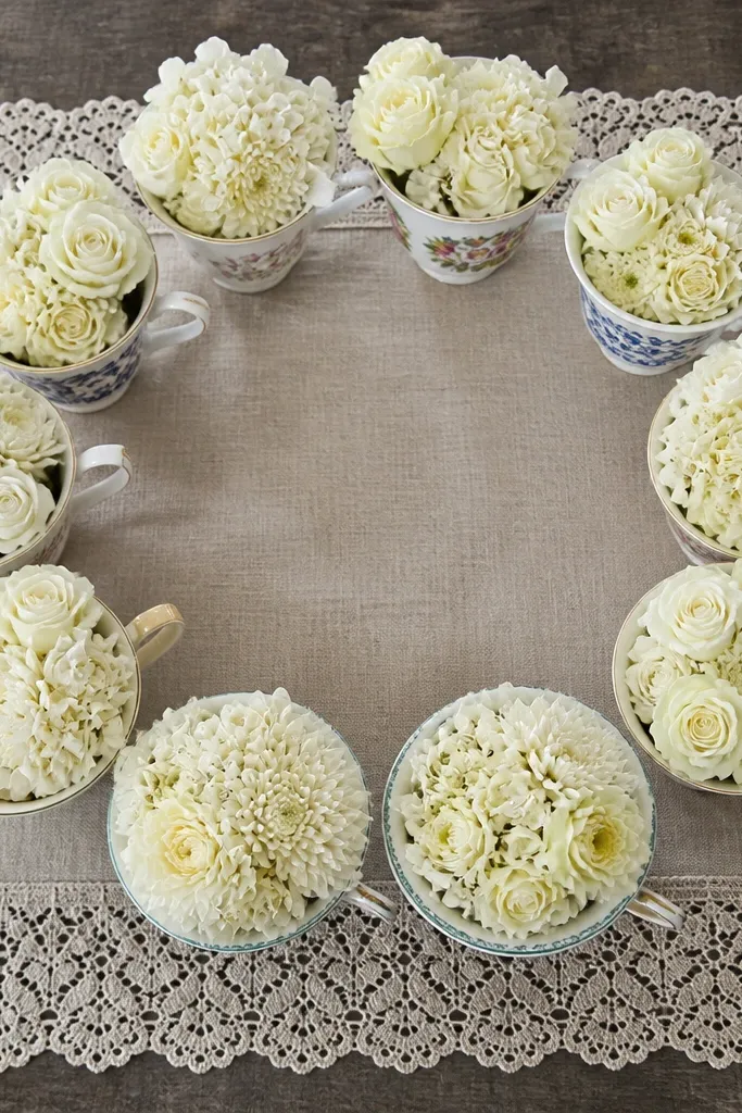 Assorted thrift teacups filled with one-color flowers on a neutral table