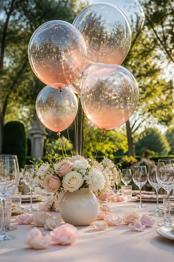 Clear balloons with soft ombre tint tied to small bases near centerpieces