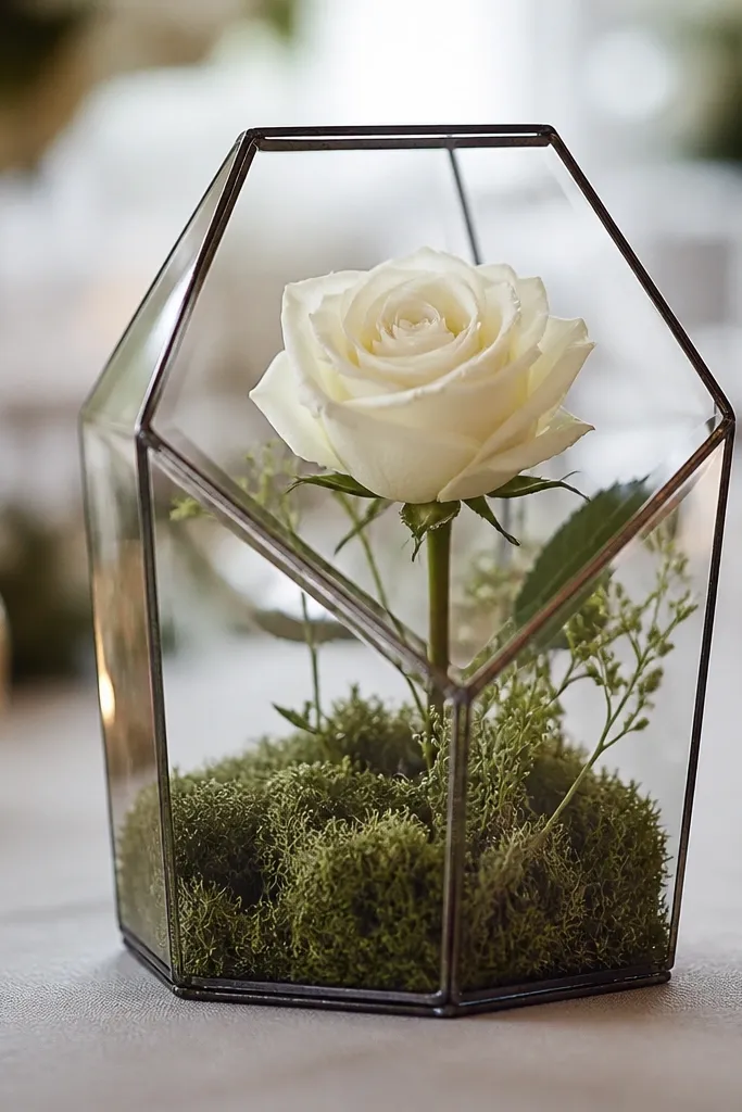Small glass terrarium with moss and a single white flower stem