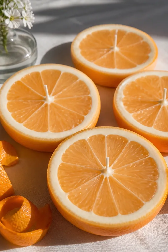 White candles with orange peel and citrus slices on a cream table runner