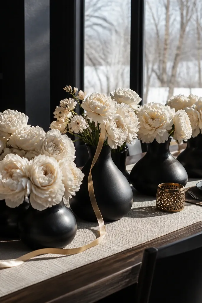 Black bud vases filled with cream flowers on a light tablecloth