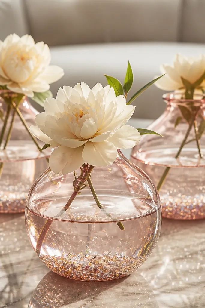 Blush glass bud vases with clear water and tiny glitter accents on a cream table