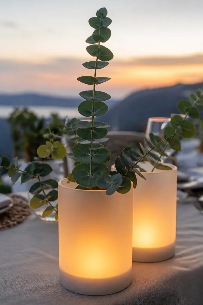 White lanterns with LED candles and one long eucalyptus stem extending upward