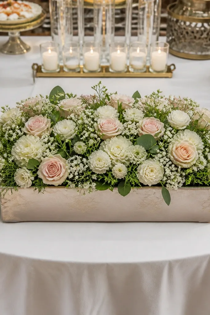 Low fabric-wrapped foam blocks with small white and pink flowers on a table
