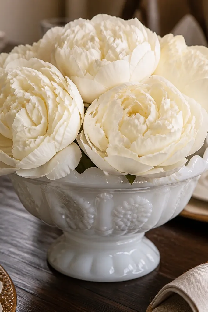 Milk glass jars filled with peony-style faux flowers in soft pink