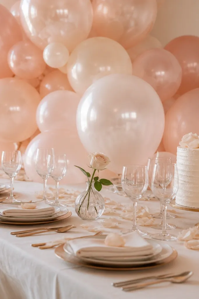 Single-color balloon cluster near table edge with a simple floral centerpiece