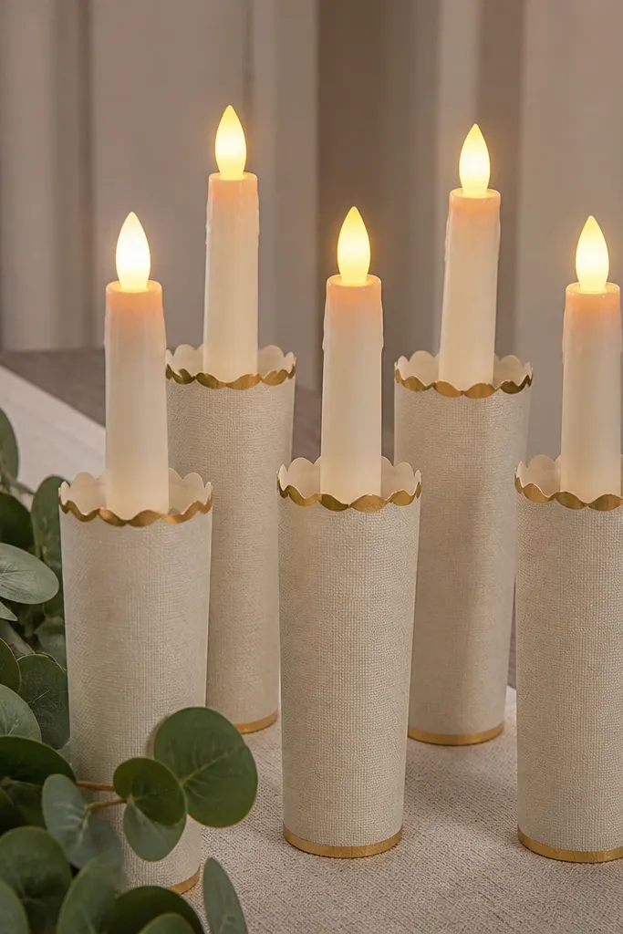 Taper candles in paper sleeves with a small greenery strip and gold accents