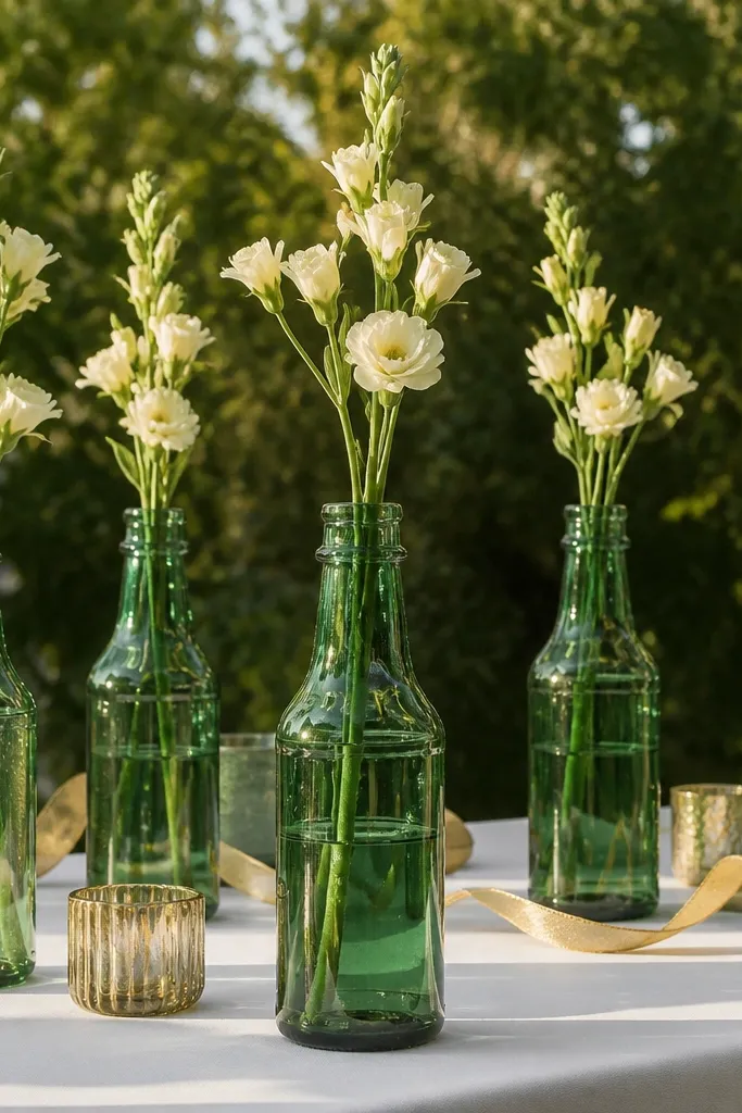 Small green bottles grouped together with cream and blush bud flowers