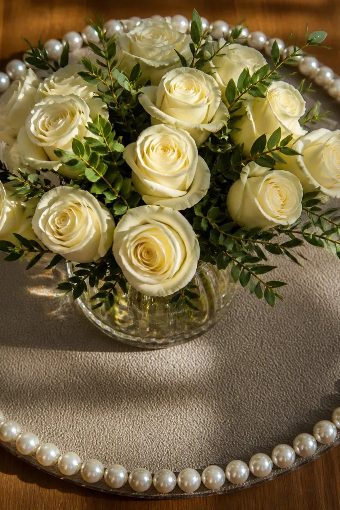 Small tray rimmed with pearl beads holding one vase of white flowers