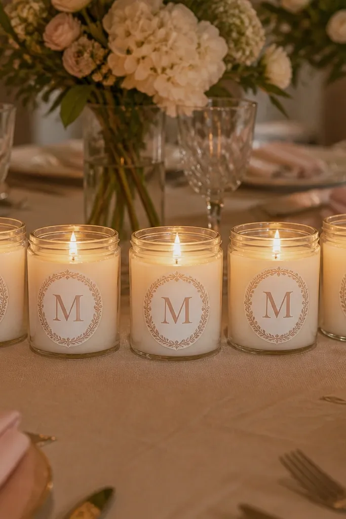 Clear jars with LED candles labeled with matching monogram stickers