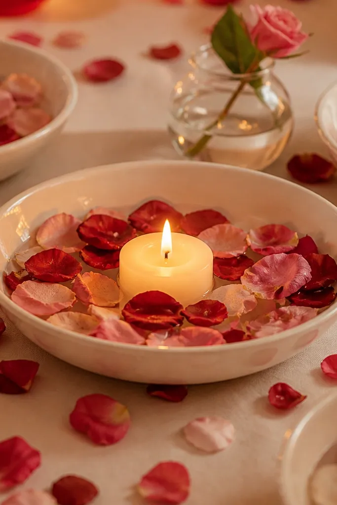 Shallow bowls with floating rose petals and one candle in the center