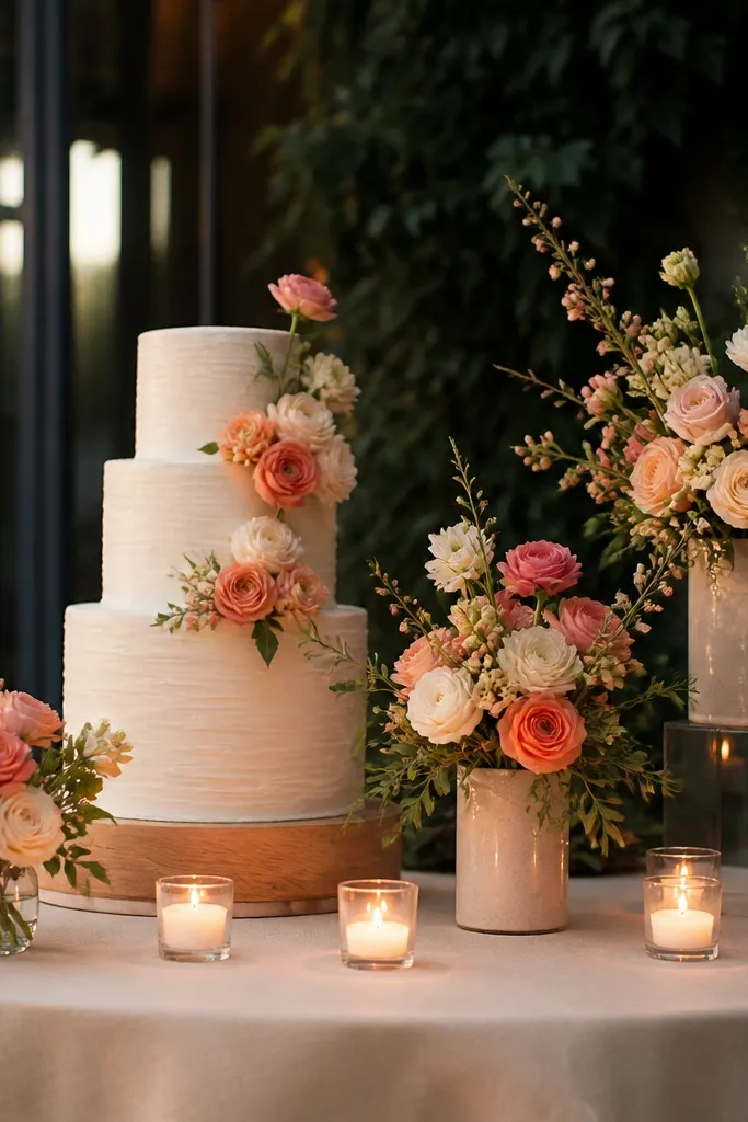 Three different-height vases with the same flowers on a table runner
