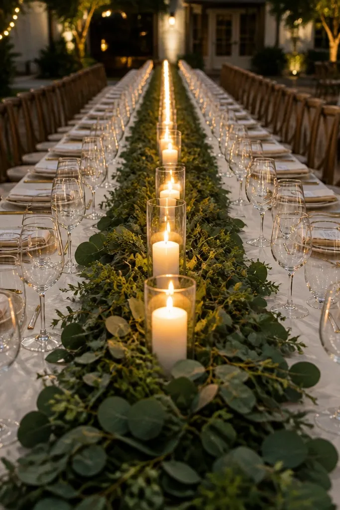 Ivory candles with a continuous eucalyptus strip along a long banquet table