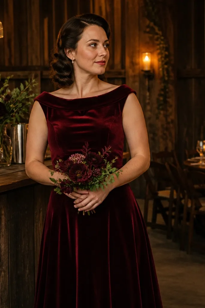 Oxblood velvet bridesmaid dresses with dark brown bouquets