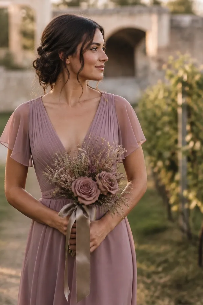 Dusty mauve chiffon bridesmaid dresses with warm taupe satin sashes