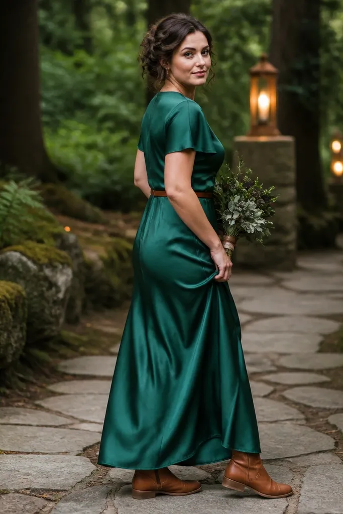 Forest emerald satin bridesmaid dresses with cognac leather belts