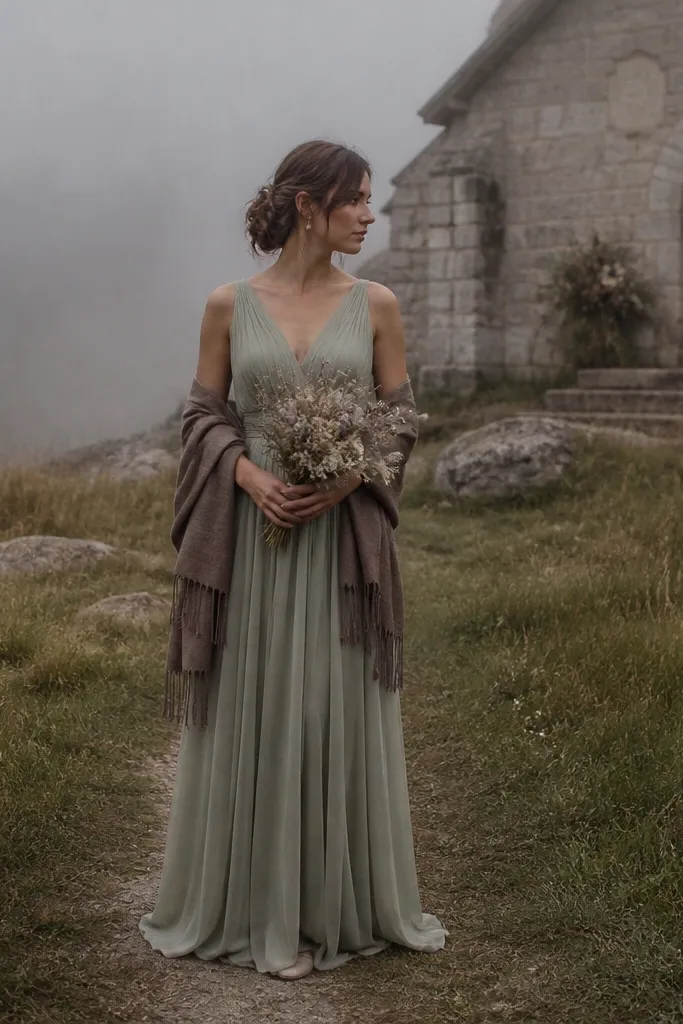 Dusty sage chiffon bridesmaid dresses with mushroom brown belts