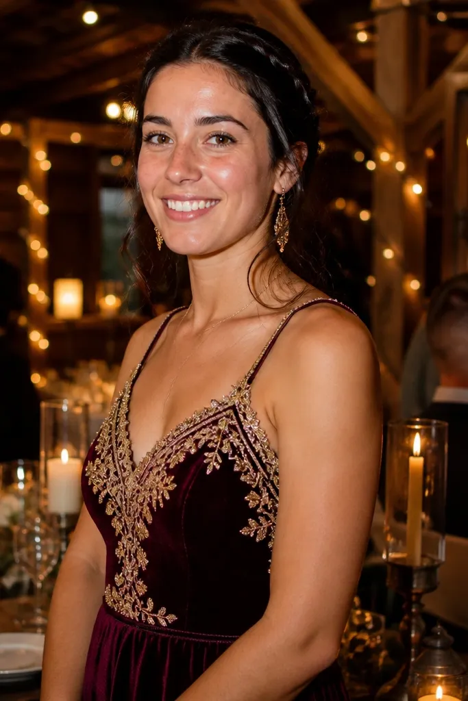 Plum satin bridesmaid dresses with antique gold jewelry