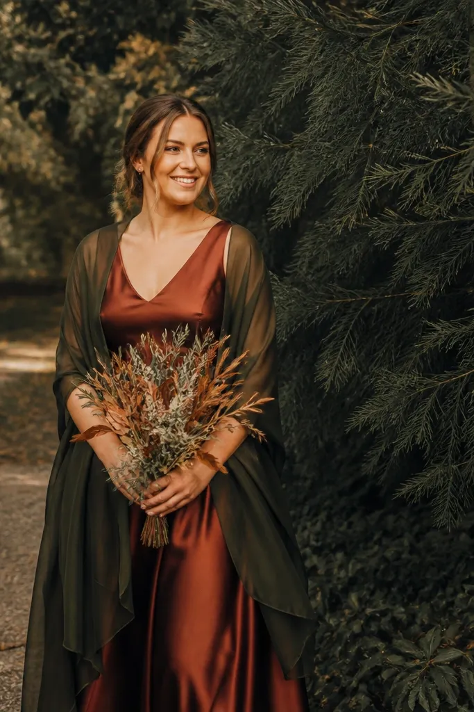 Cinnamon crepe bridesmaid dresses with deep olive shawls