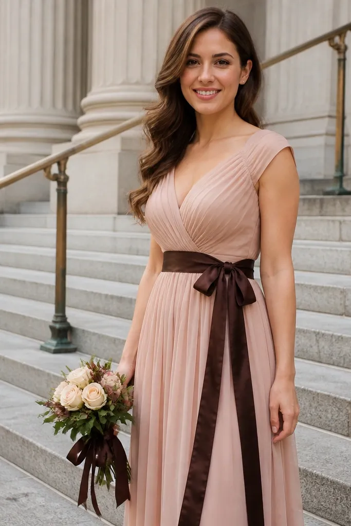 Champagne rose satin bridesmaid dresses with espresso brown boots