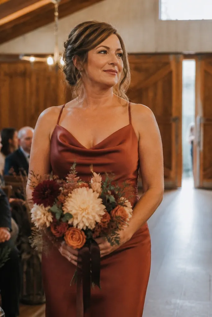 Maroon brick bridesmaid dresses with dark walnut satin sashes