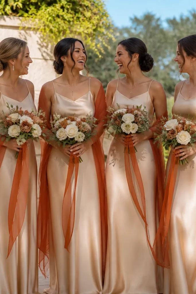 Buttercream chiffon bridesmaid dresses with burnt orange terracotta sashes
