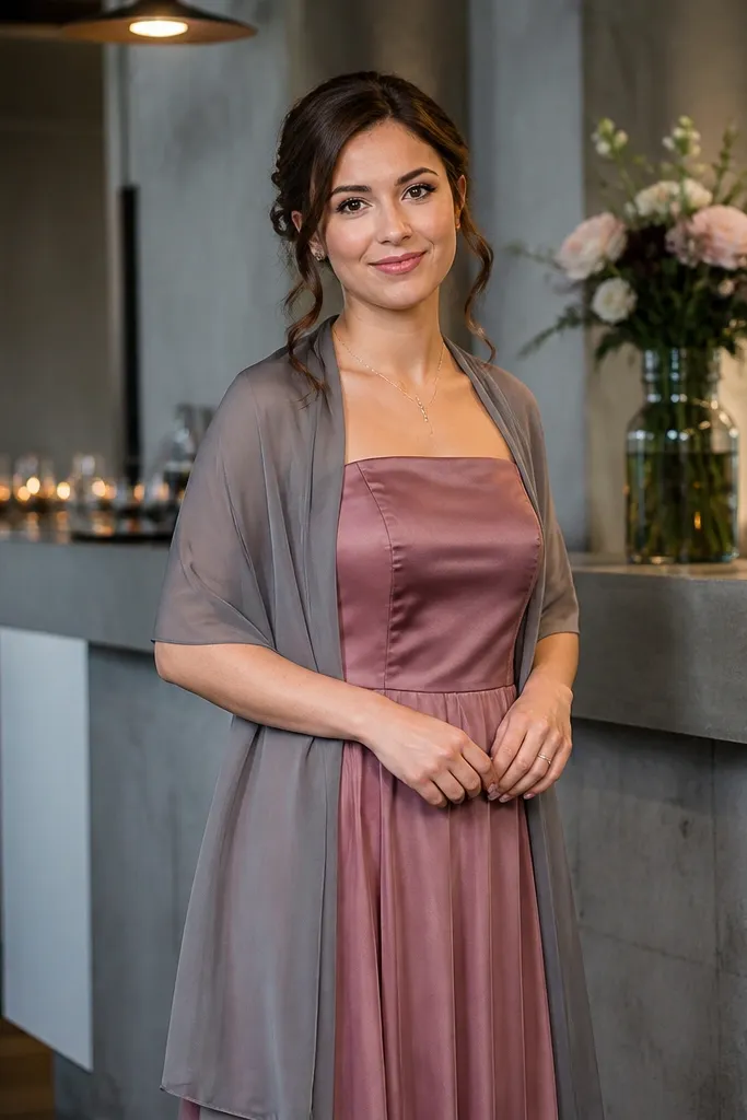 Smoked rose satin bridesmaid dresses with ash gray shawls