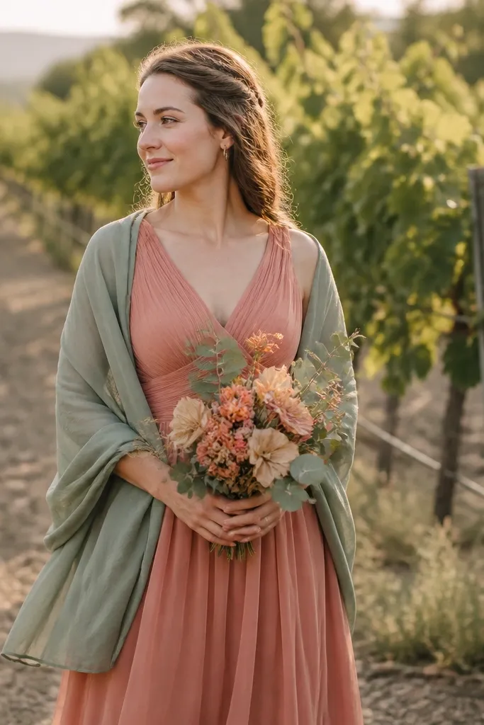 Terracotta pink chiffon bridesmaid dresses with soft sage green shawls