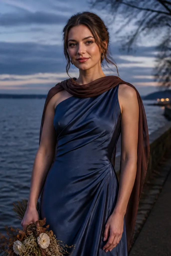 Deep smoke blue crepe bridesmaid dresses with umber brown corsage ribbons