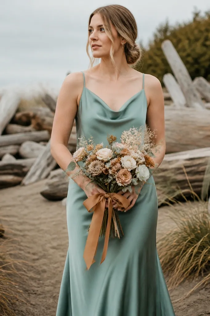 Sea glass teal bridesmaid dresses with umber tan belts