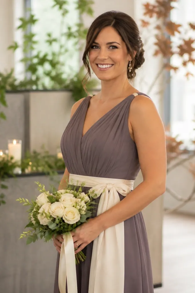Smoke plum satin bridesmaid dresses with warm ivory lace wraps