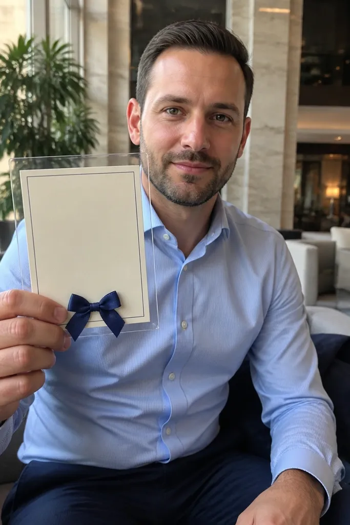 Small card sign that says Yes Sir in navy and cream, inside a clear sleeve
