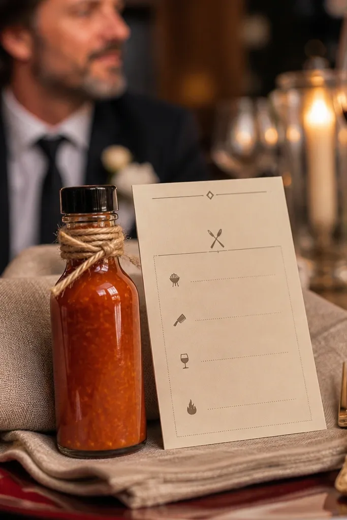 Mini hot sauce bottle with a printed menu card tied with string