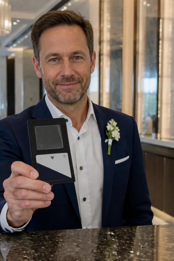 Keycard holder with a flip card that says Be My +1 Will You Be My Groomsman