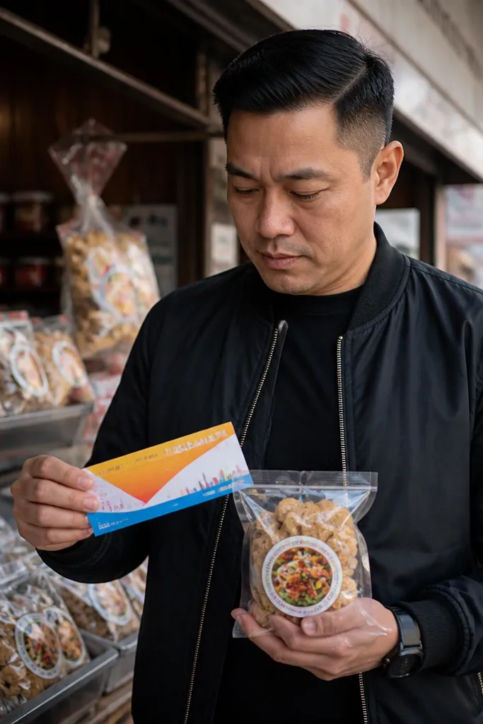 Boarding pass card with a local snack pack in a small kraft envelope