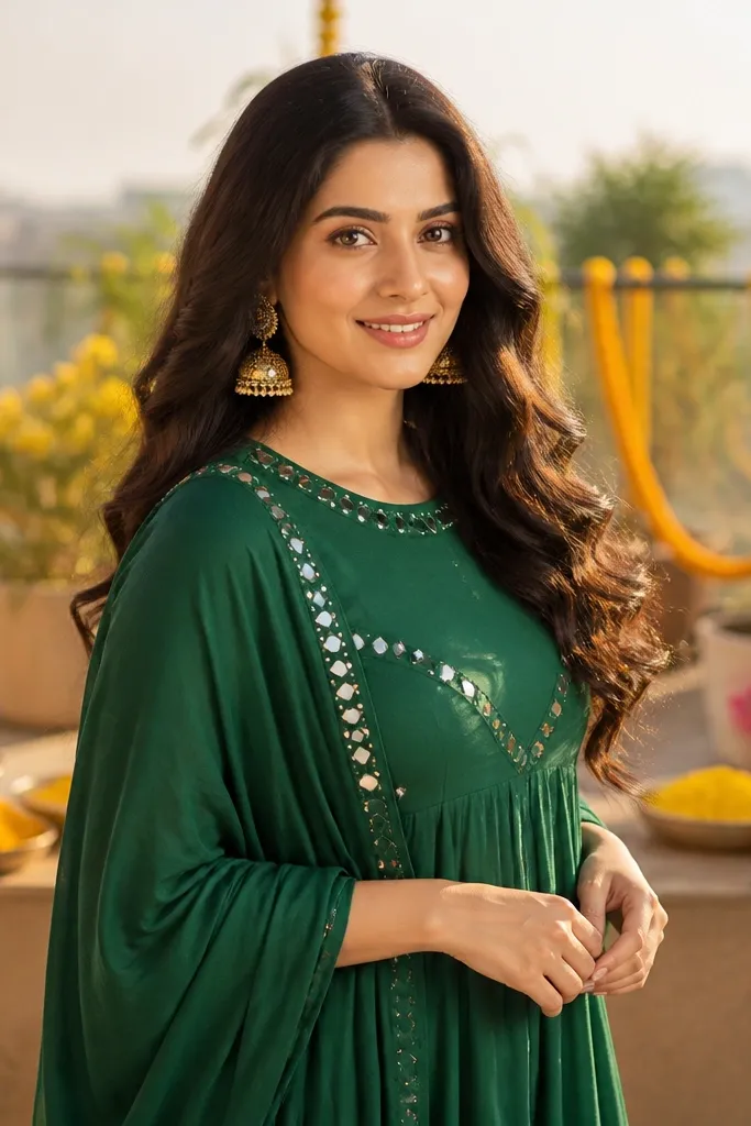 Emerald green anarkali with mirror work on the neckline and flared skirt