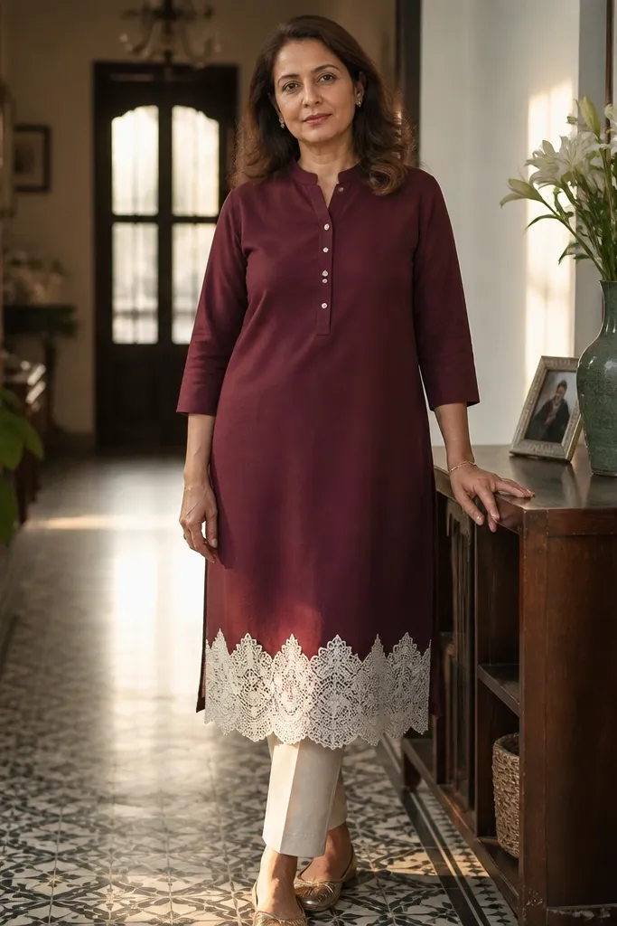 Maroon straight kurta with scalloped lace at the hem and cuffs