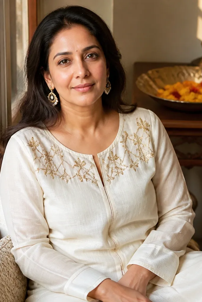 Ivory kurta set with gold thread yoke and plain straight skirt