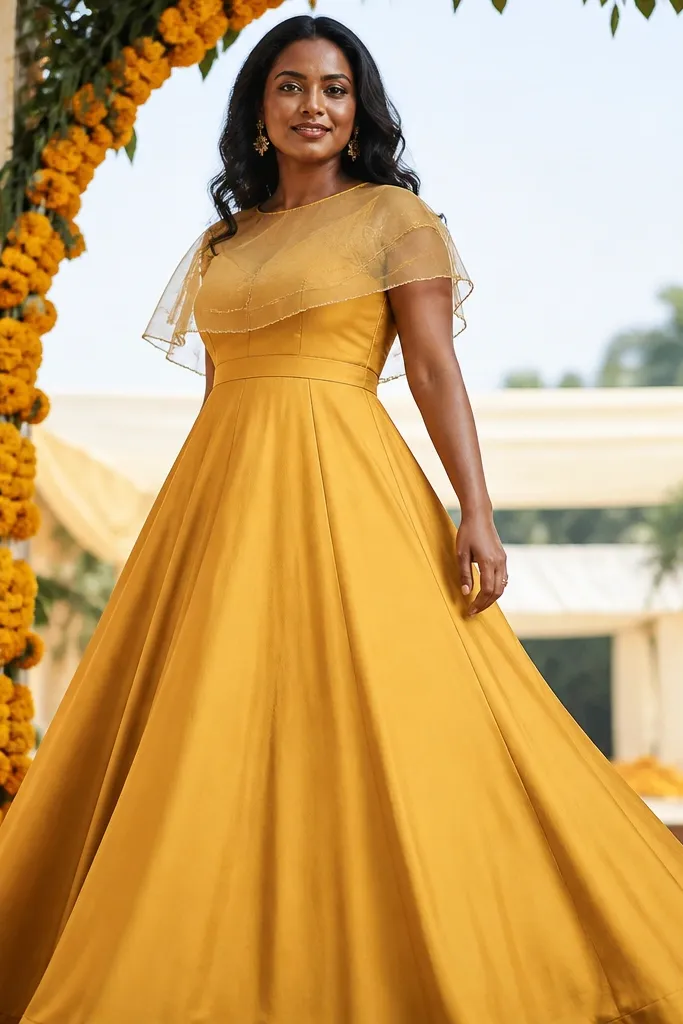 Yellow ochre lehenga dress with an organza overlay at the bodice