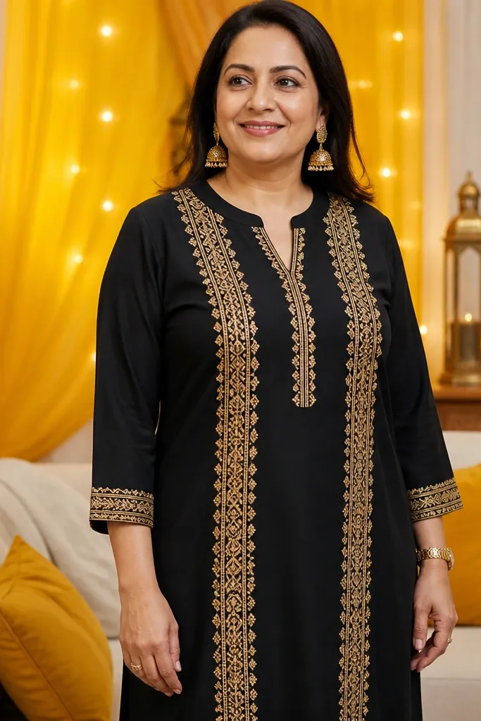 Black kurta with gold motif panels at the front and sleeves
