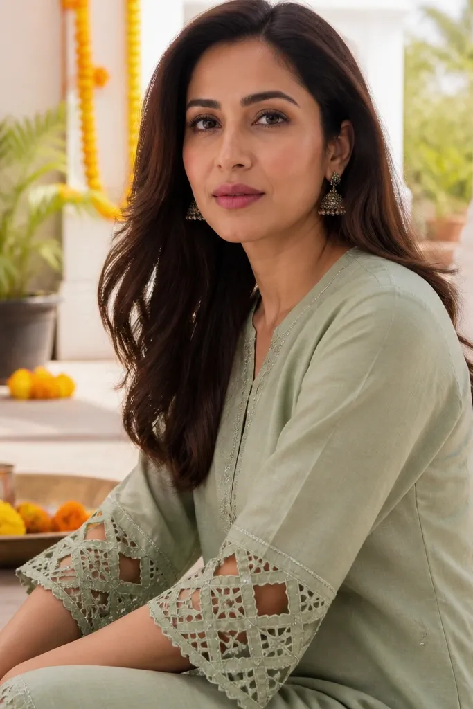 Sage green kurta with cutwork border along the sleeve cuffs