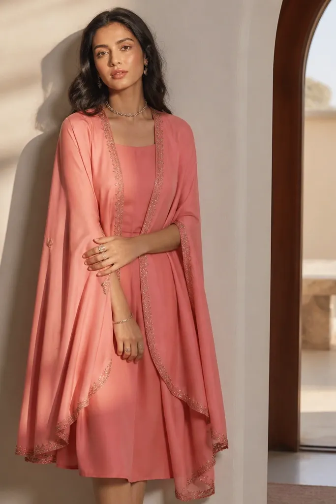 Coral pink cape-style kurta over a solid inner dress