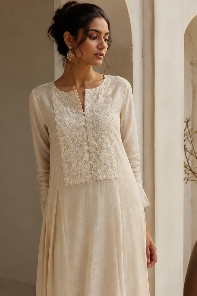 Ivory chanderi dress with a thread-work panel at the front