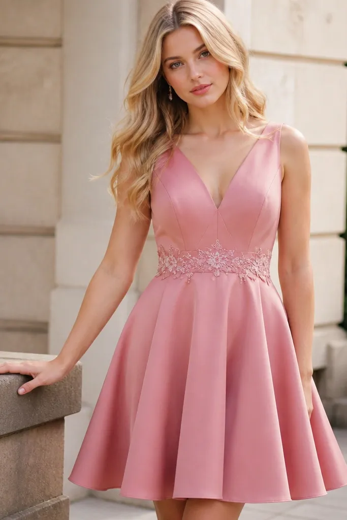 Rose pink skater dress with an embroidered waistband