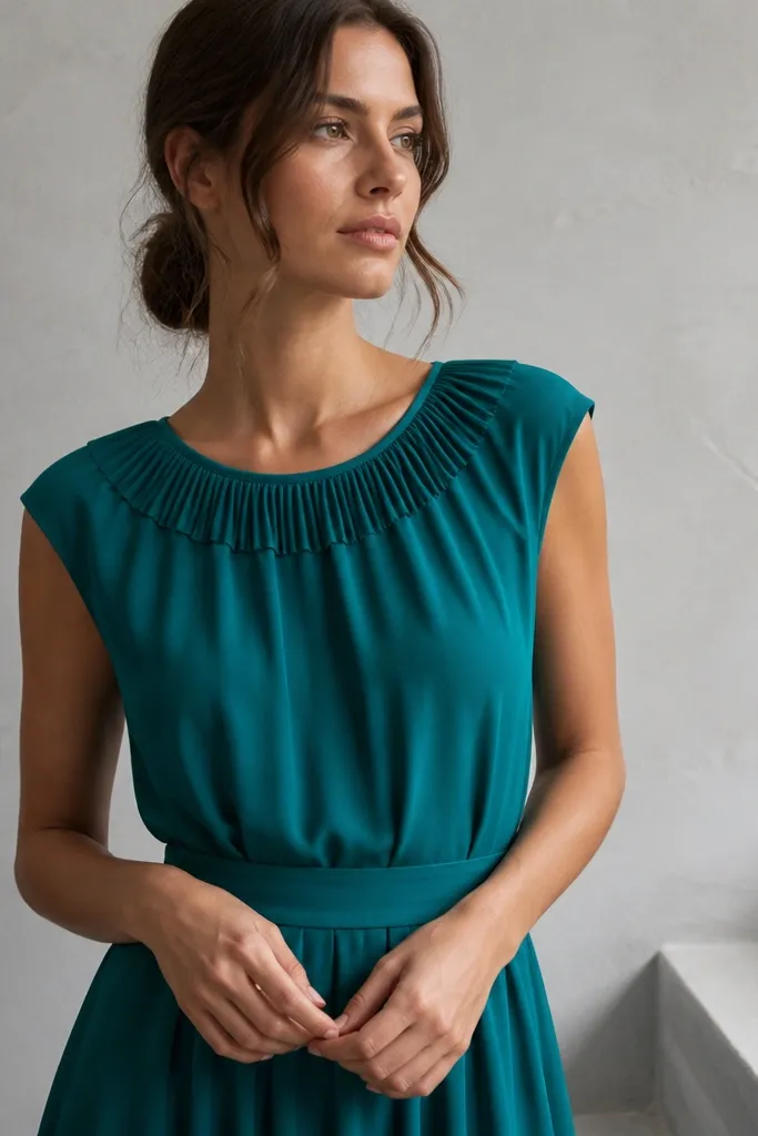 Teal dress with pleated trim around the neckline