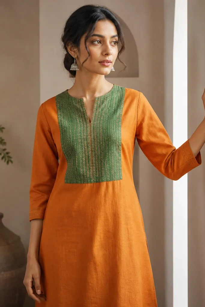 Saffron orange kurti with a contrast green yoke panel