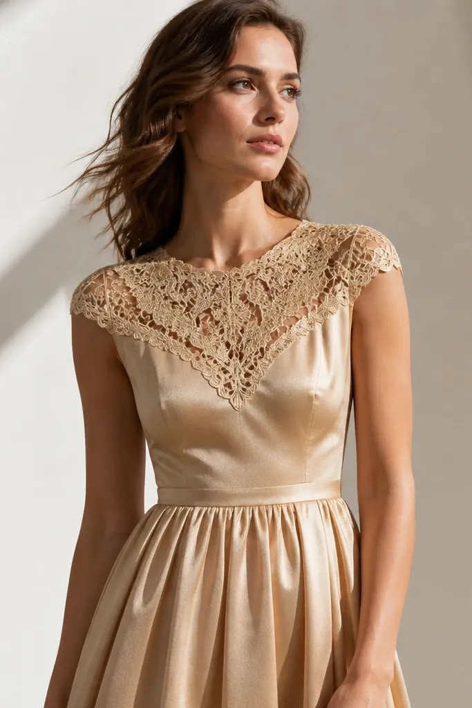 Champagne gold dress with crochet lace yoke