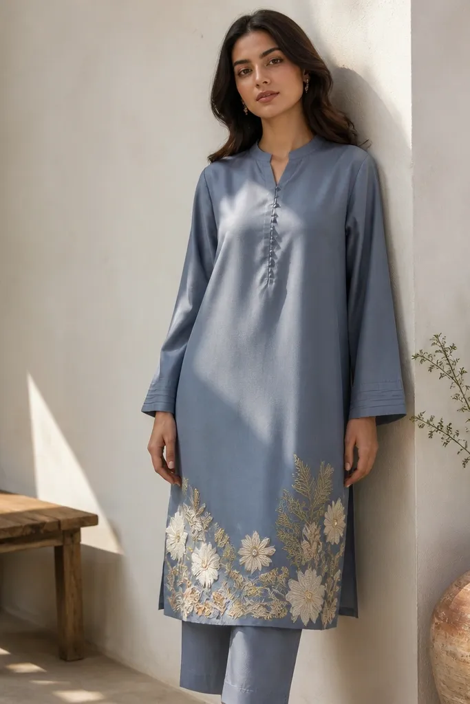 Grey blue kurta with floral appliqué along the hem