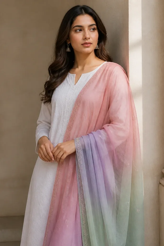 White kurta with a pastel ombre dupatta draped over the shoulder