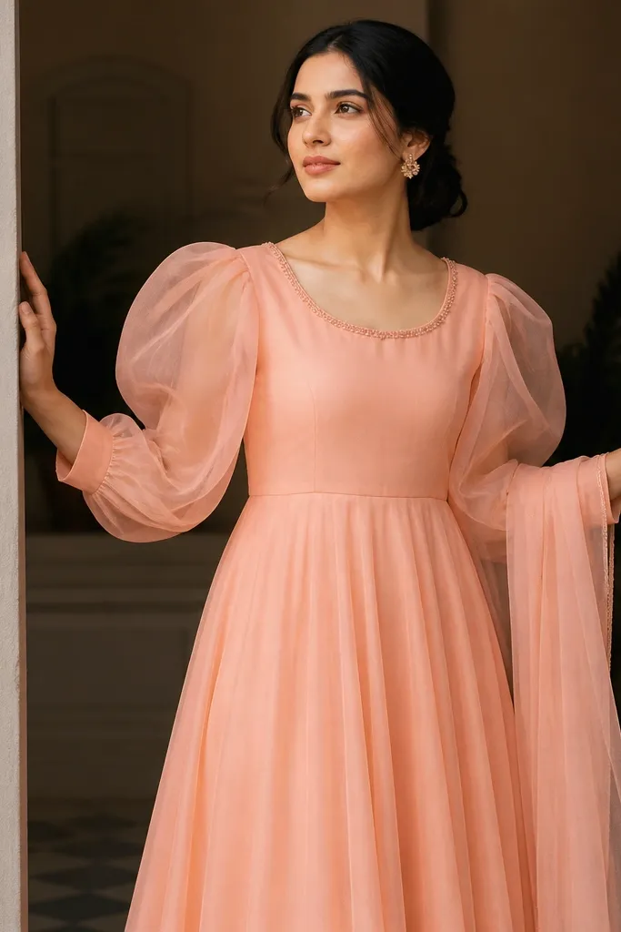 Peach anarkali with organza puff sleeves and minimal neckline work